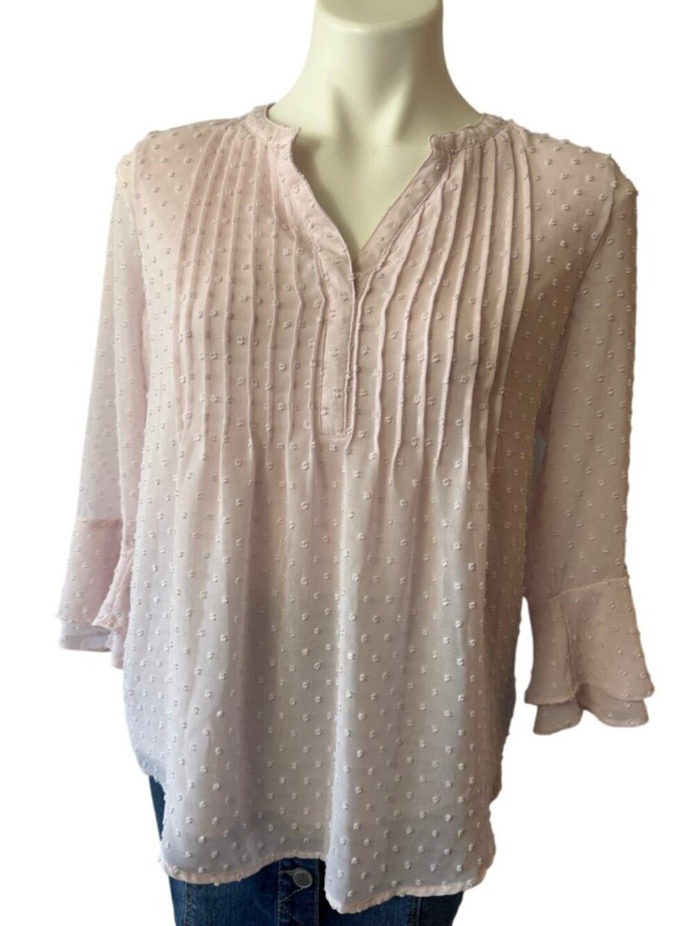 Charter Club Sheer Pink Textured 3/4 Sleeve Blouse Polyester Flounce Hem - PM